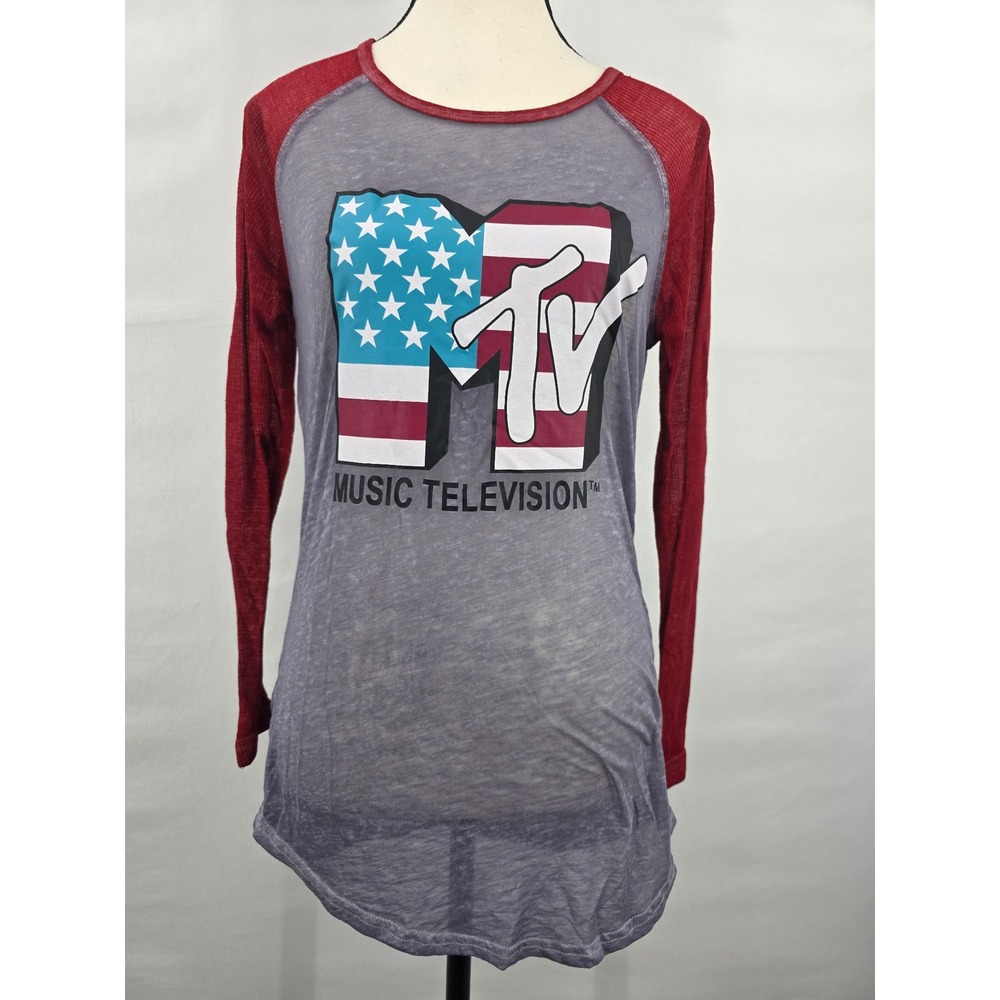 MTV Music Television Graphic Raglan Long Sleeve Shirt Gray Red Small Americana